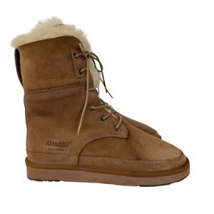 AU&MU Shearling Leather Sheepskin Lace up Mid Calf Fur Warm Boots Chestnut 8 EUC